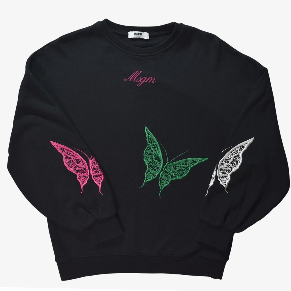 MSGM Kids Black Butterfly Embroidered Sweatshirt Crewneck Logo Pullover